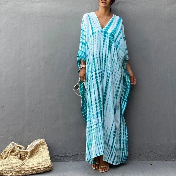 Multi Skye Blue Kimono Kaftan Dress Maxi 5⭐️Rated Soft Flowing Boho Maxi Coverup - Picture 5 of 7
